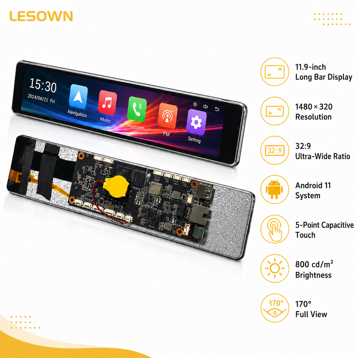 LESOWN Ultra-wide PC Case Sensor Panel 11.9 1480x320 Stretched Touch Monitor for AIDA64 Windows Host Modding High Bright Display