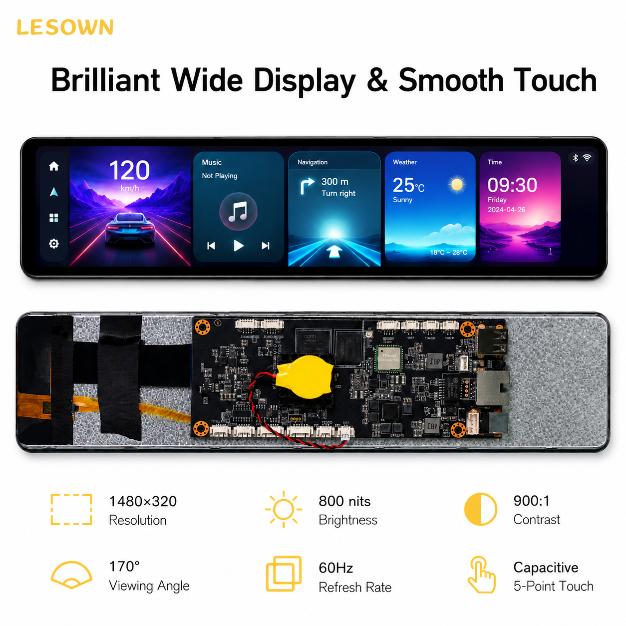 LESOWN Ultra-wide PC Case Sensor Panel 11.9 1480x320 Stretched Touch Monitor for AIDA64 Windows Host Modding High Bright Display