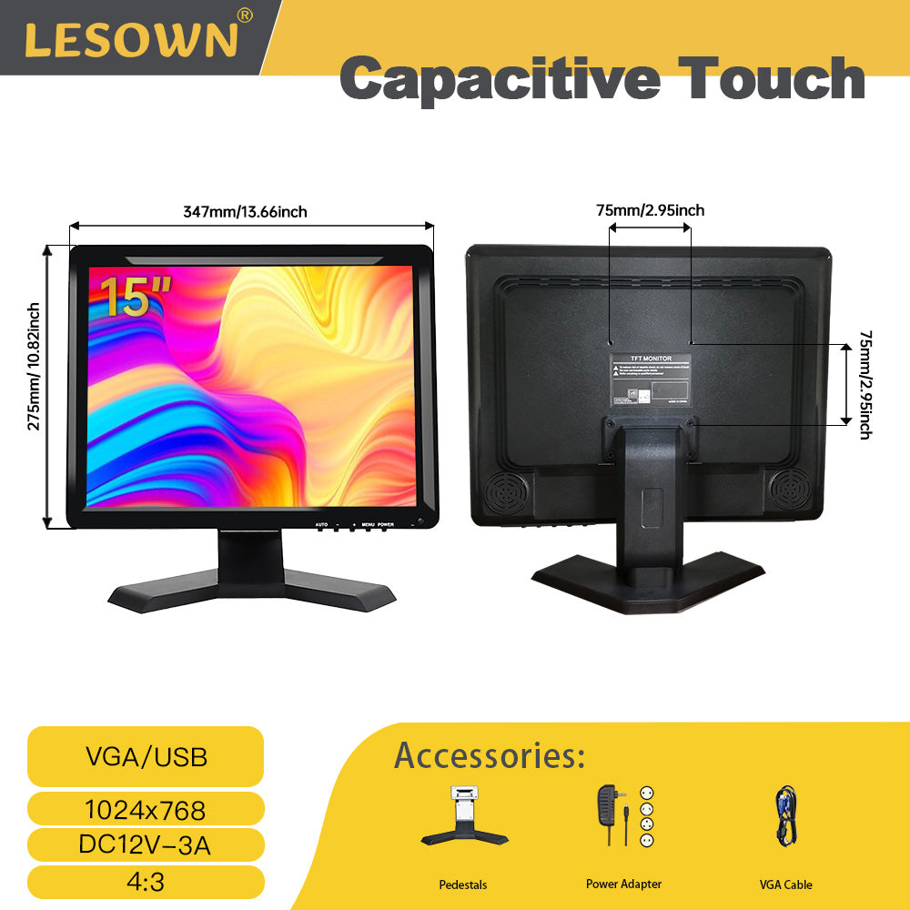 LESOWN N150 Camera Monitor 1024x768 Display Touch VGA 15 inch Monitor Build in Speakers Earphone Jack