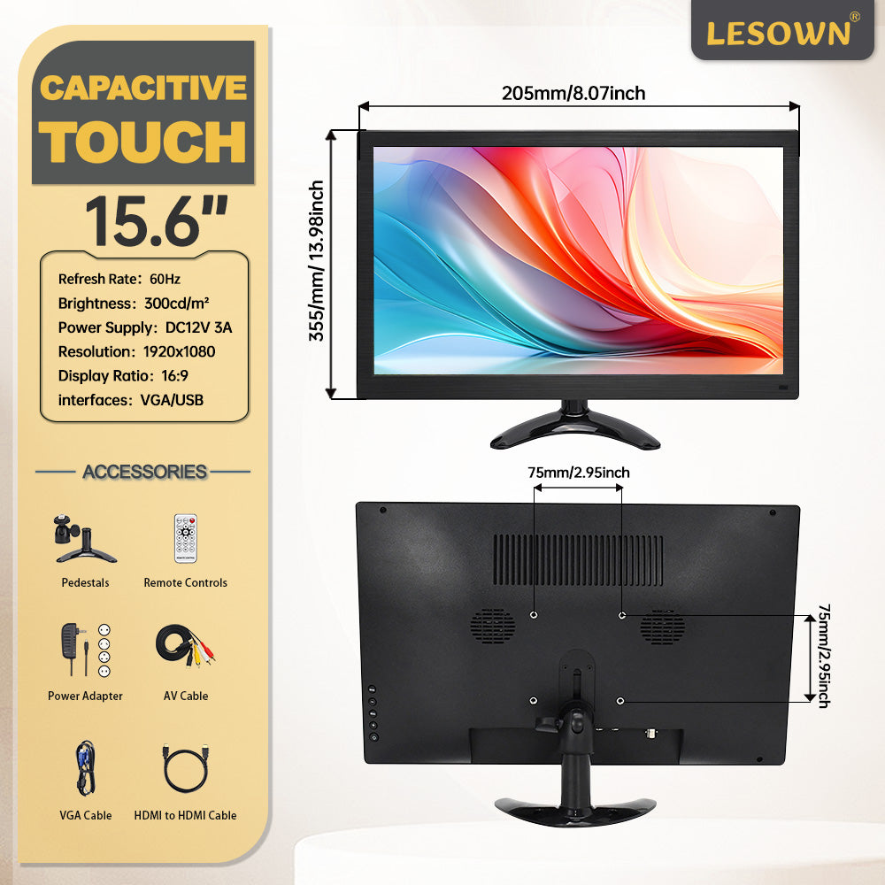 LESOWN N156 Portable Monitor Touchscreen 15.6 inch 1920x1080 Wide Screen HDMI VGA Additional Display
