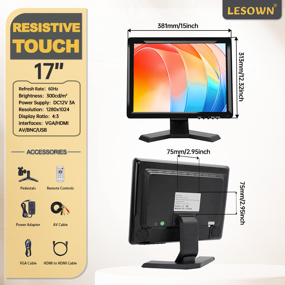 LESOWN N170 17 inch Resistive Touch Car Headrest Monitor 1280x1024 Digital LCD Screen DVD Player HDMI USB Port
