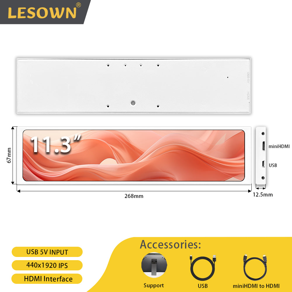 LESOWN P113 11.3 inch Stretched Bar Display HDMI External Long Monitor for PC Temperature Monitoring Aida64