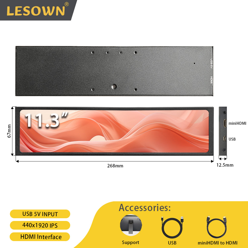 LESOWN P113 11.3 inch Stretched Bar Display HDMI External Long Monitor for PC Temperature Monitoring Aida64
