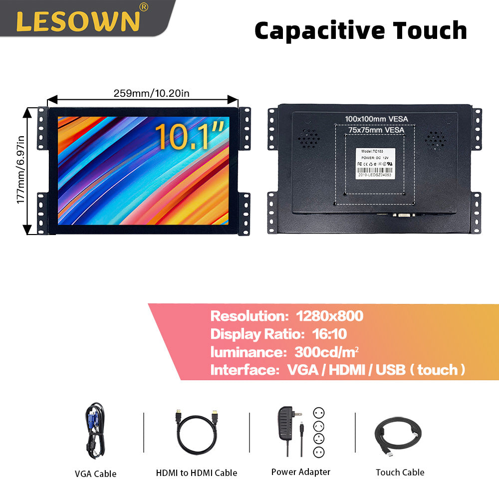LESOWN E101-C01GBT 10.1 Inch 1280x800 High-brightness display 300cd/m² Embedded Monitor Panel Mount Display for PC TV CCTV