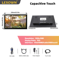 LESOWN E133-C01GBT Embedded Display 13.3 Inch 1920x1080 IPS Industrial LCD Monitor 60Hz 16:9 300cd/m2 with VGA/HDMI/Audio/USB(touch) for PC