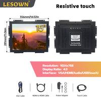 LESOWN E150-C01GBR Rugged Touchscreen Embedded Display 15 Inch 1024x768 LCD Open Frame Industrial Monitor with VGA HDMI Audio USB for Laptop