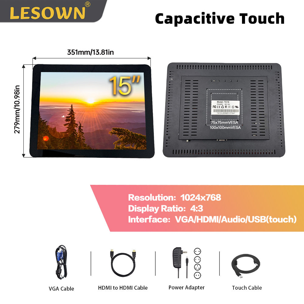 LESOWN E150-C02GBT-2 Touchscreen 15 Inch Embedded Display 1024x768 IPS IP65 Screen with 10 Points Touch Display with VGA/HDMI/Audio/USB(touch)