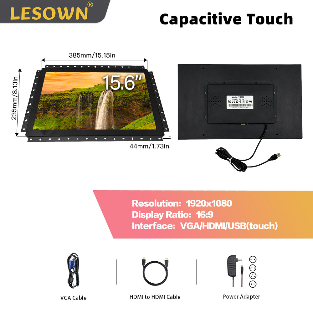 LESOWN E156-C01GBT Open Frame 15.6 Inch Embedded Display 1920x1080 IPS LCD Touch Monitor Panel Mount Wide Temperature Range (-20°C to 70°C)