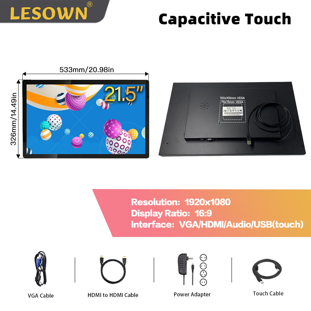 LESOWN E215-C01GBT Embedded 21.5 Inch 1080p Industrial Monitor 1920x1080 IPS Touch Monitor Panel Mount with VGA/HDMI/Audio/USB(touch) for TV
