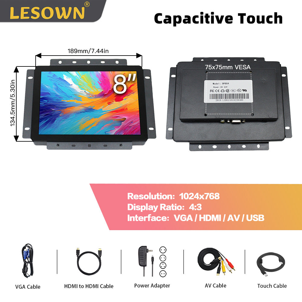LESOWN E80-G01GBT Industrial Embedded Display 8inch 1024x768 10 Points Open Frame Touchscreen Monitor 4:3 LCD Screen for Factory Automation