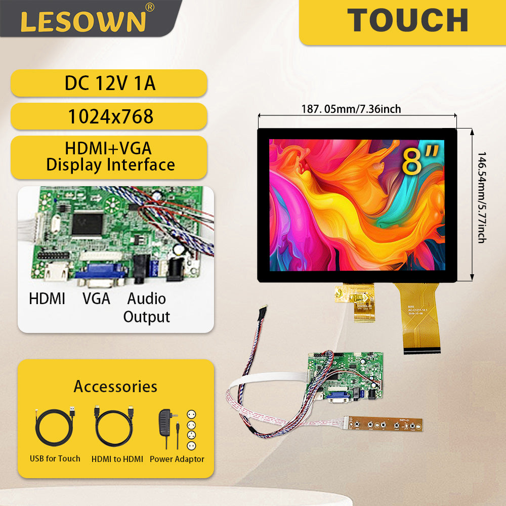 LESOWN M80-A01T Small Screen 8 inch HDMI VGA Ports 1024x768 TN Capacitive Touch Display LVDS Interface DC12V 1A Module for PC Printer