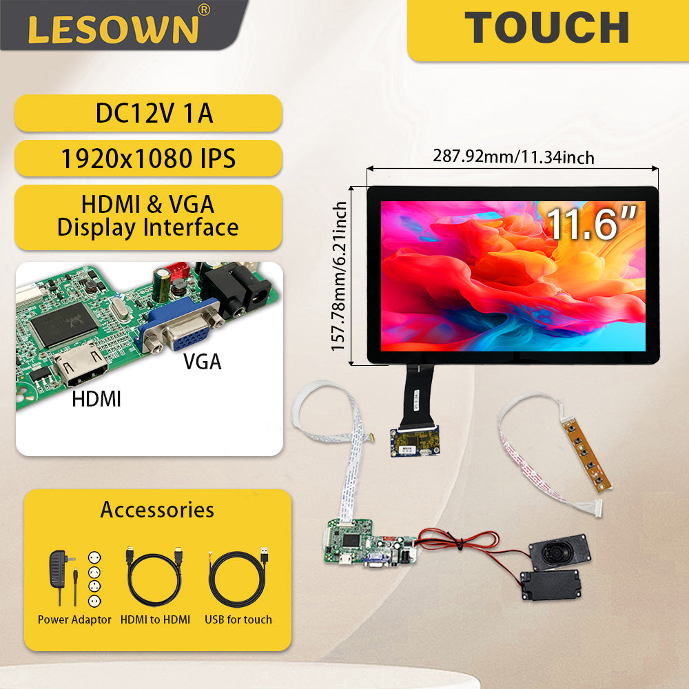 LESOWN M116-A01T  Small Display 11.6 inch USB Capacitive Touch HDMI VGA Full Viewing 1000:1 IPS 1920x1080 LCD Module with eDP 30PIN Interface