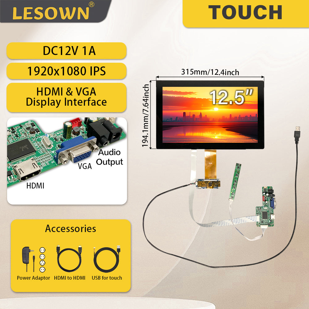 LESOWN M125-A01T 12.5 Touch Widescreen HDMI VGA 1920x1080 Full HD IPS LCD Panel eDP 30PIN Interface Module for Industrial Machines