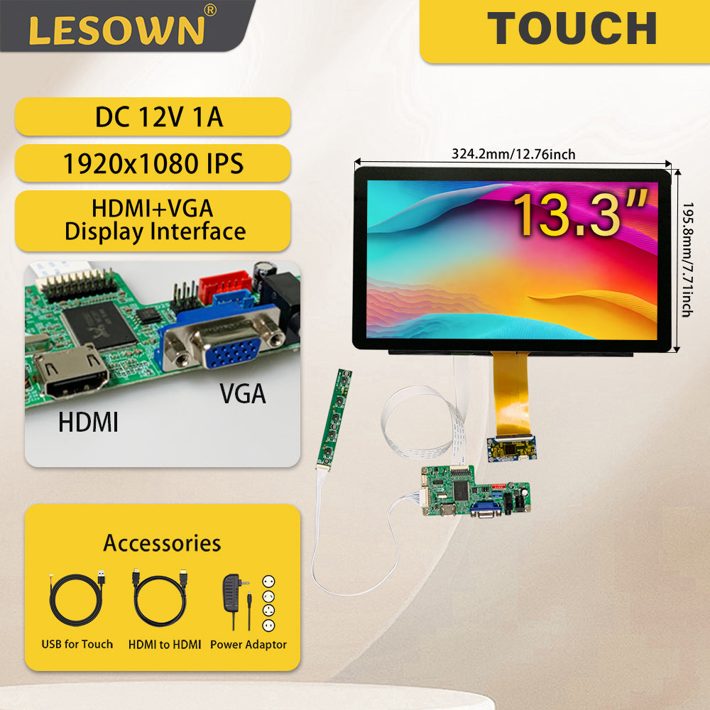 LESOWN M133-A01T Touch Screen  13.3 inch 1920x1080 IPS FHD HDMI VGA Ports LCD Panel eDP 30PIN Interface Wide External Display Module