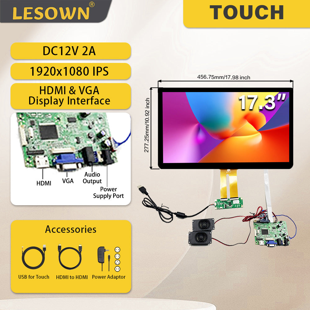 LESOWN M173-A01T Ultra Wide Touch Screen  17.3 inch HDMI VGA 1920x1080 Full HD eDP 30PIN Interface IPS LCD Panel Module External Display