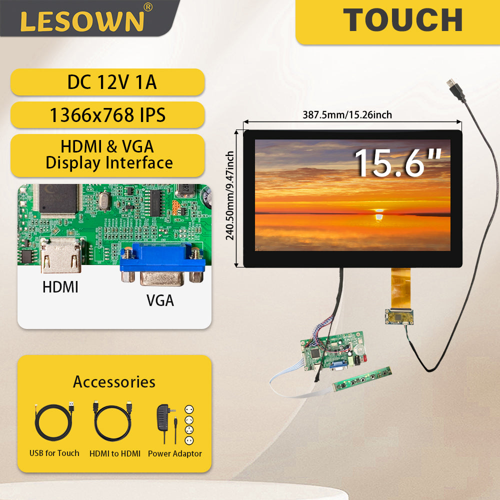 LESOWN M156-B01T 15.6 inch Laptop Screen 1920x1080 IPS HDMI VGA USB Touchscreen Display eDP 30PIN Interface LCD Panel Module for PC