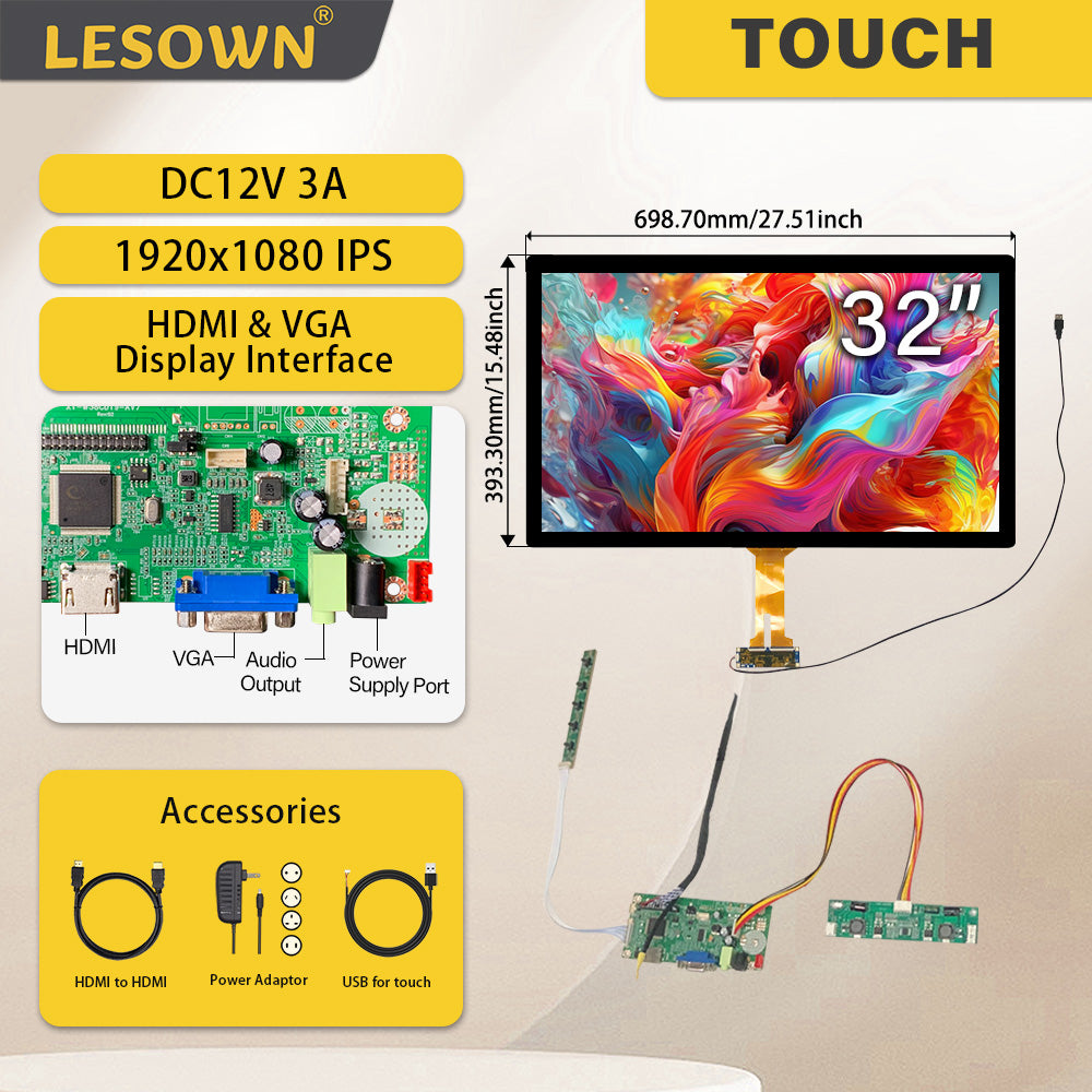 LESOWN M320-A01T 32 inch LCD Panel 1920x1080 IPS Full High Definition Touch Screen LVDS HMDI VGA DC12V 3A Display Module with Driver Board