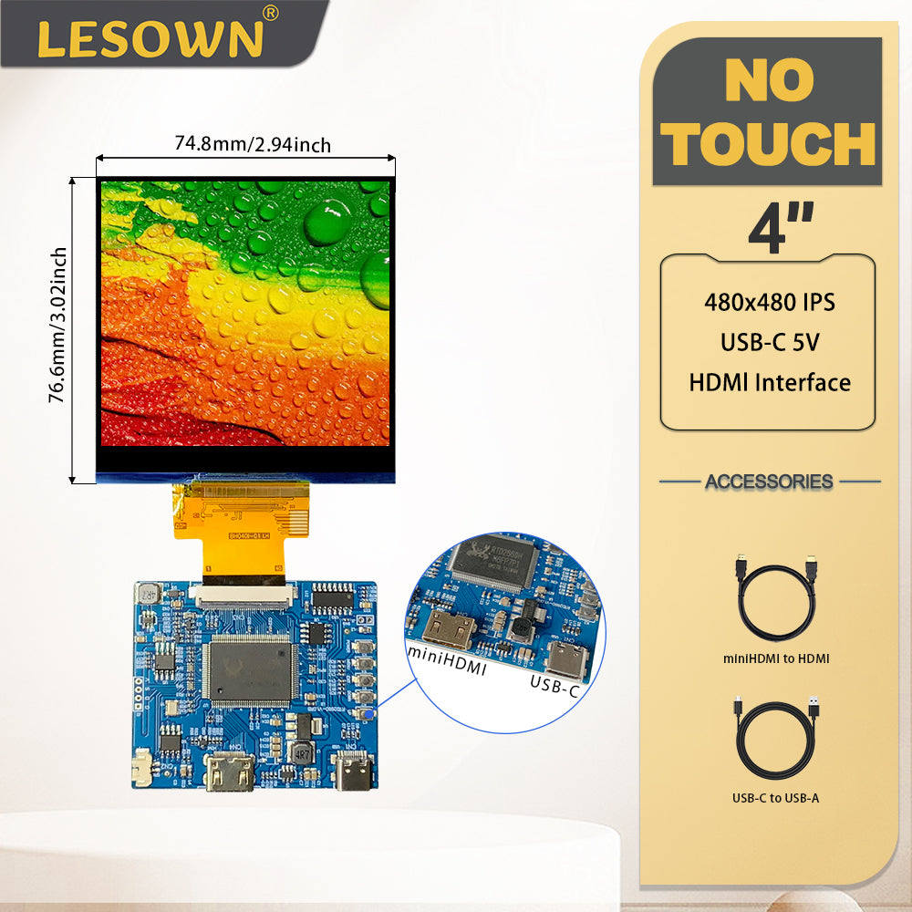 LESOWN M40-A01S  Small LCD Screen 4 inch HDMI 720x720 IPS HD Resolution USB C Tiny Compact Display Module for PC Camera Medical Equipment