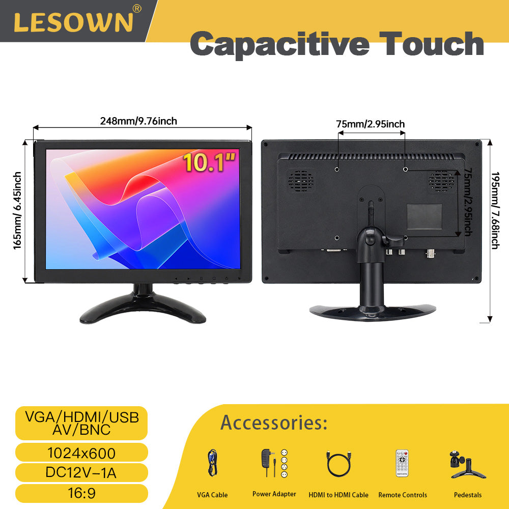 LESOWN N101 10.1 inch Car Monitor HDMI VGA LCD Screen Small Size Display for TV Computer PC Home Security Backup Camera