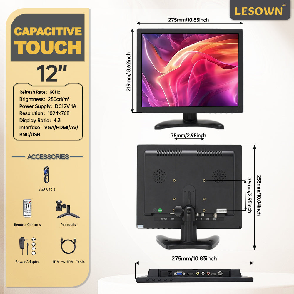 LESOWN N120 12 inch 1024x768 Industrial LCD Monitor 4:3 HDMI AV Small Wide Screen Touch Display
