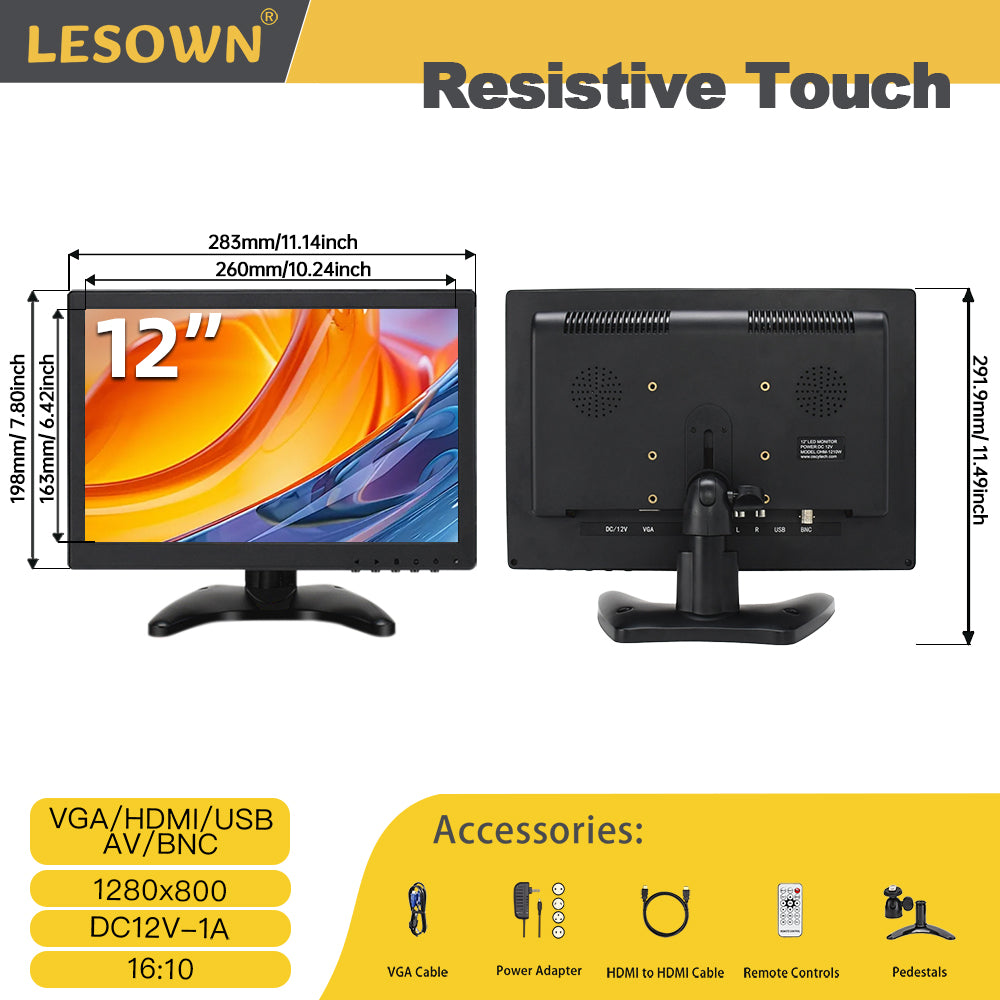 LESOWN N120 Resistive Capacitive Touch Screen Monitor 12 inch 16:10 1280x800 IPS Industrial Embedded