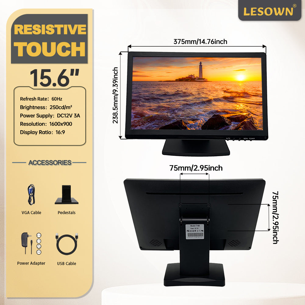 LESOWN N156-D03R 15.6 inch Portable Industrial Monitor 1600x900 VESA LCD Wide Screen 1600x900 VGA Display for Security Cameras