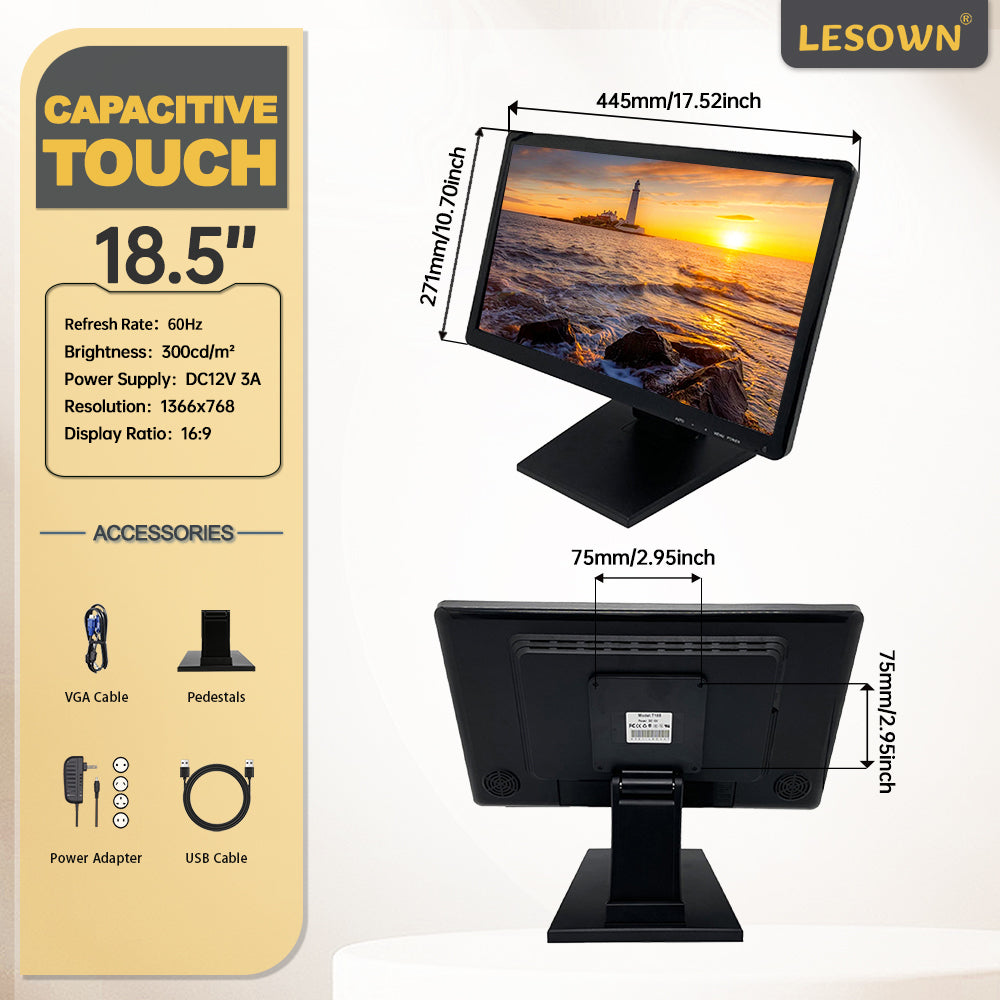 LESOWN N185 Industrial Resistive Capacitive Touch Screen LCD Monitor 18.5 inch  FHD VESA HDMI USB Display