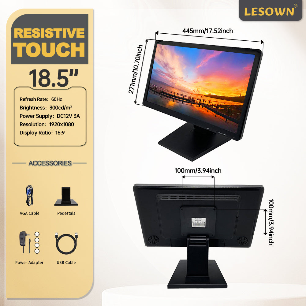 LESOWN N185 Industrial Resistive Capacitive Touch Screen LCD Monitor 18.5 inch  FHD VESA HDMI USB Display