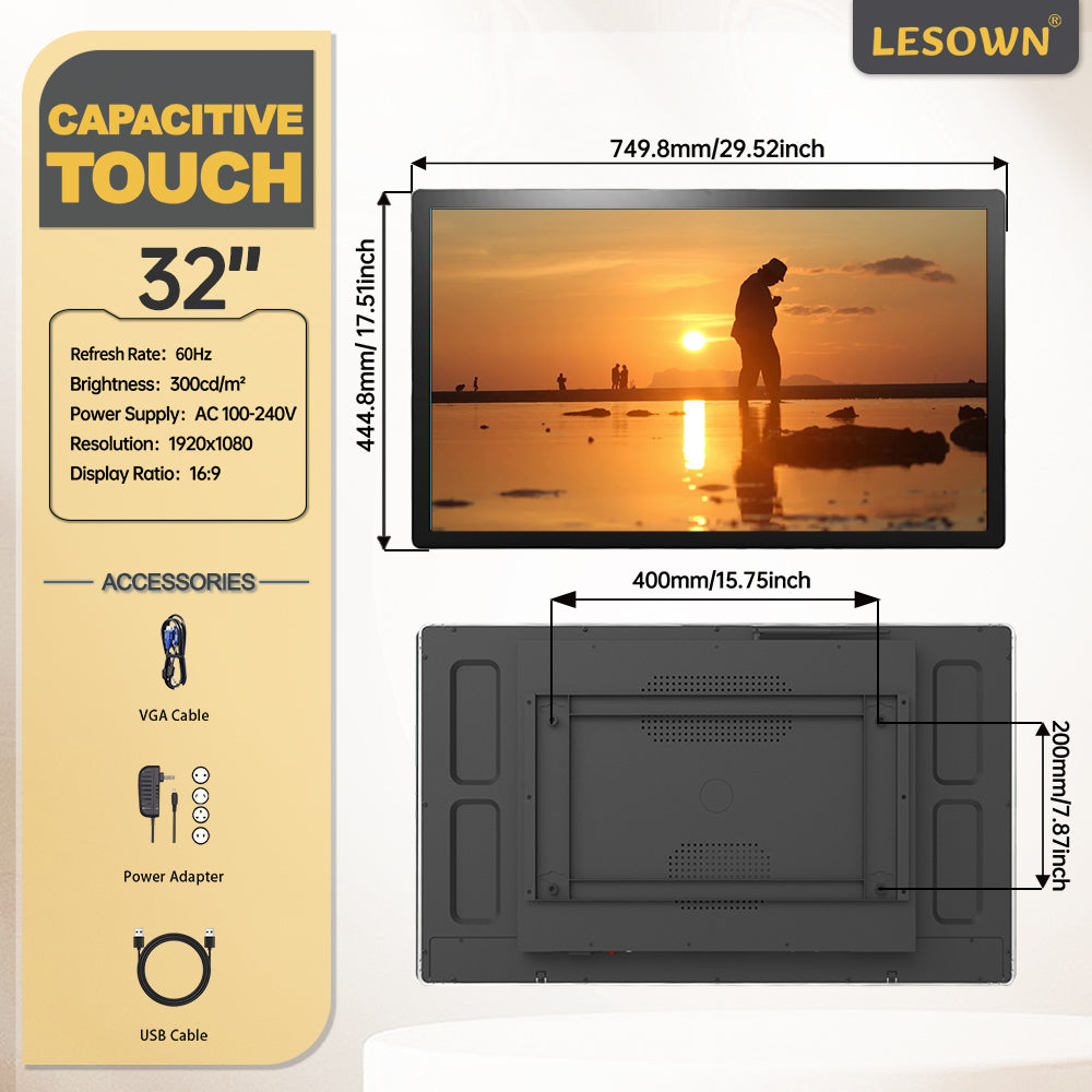 LESOWN N320-E01T/N320-E02T/N320-E03T 32 inch Industrial Display 1920x1080 16:9 Touchscreen VGA HDMI USB VESA100 Monitor