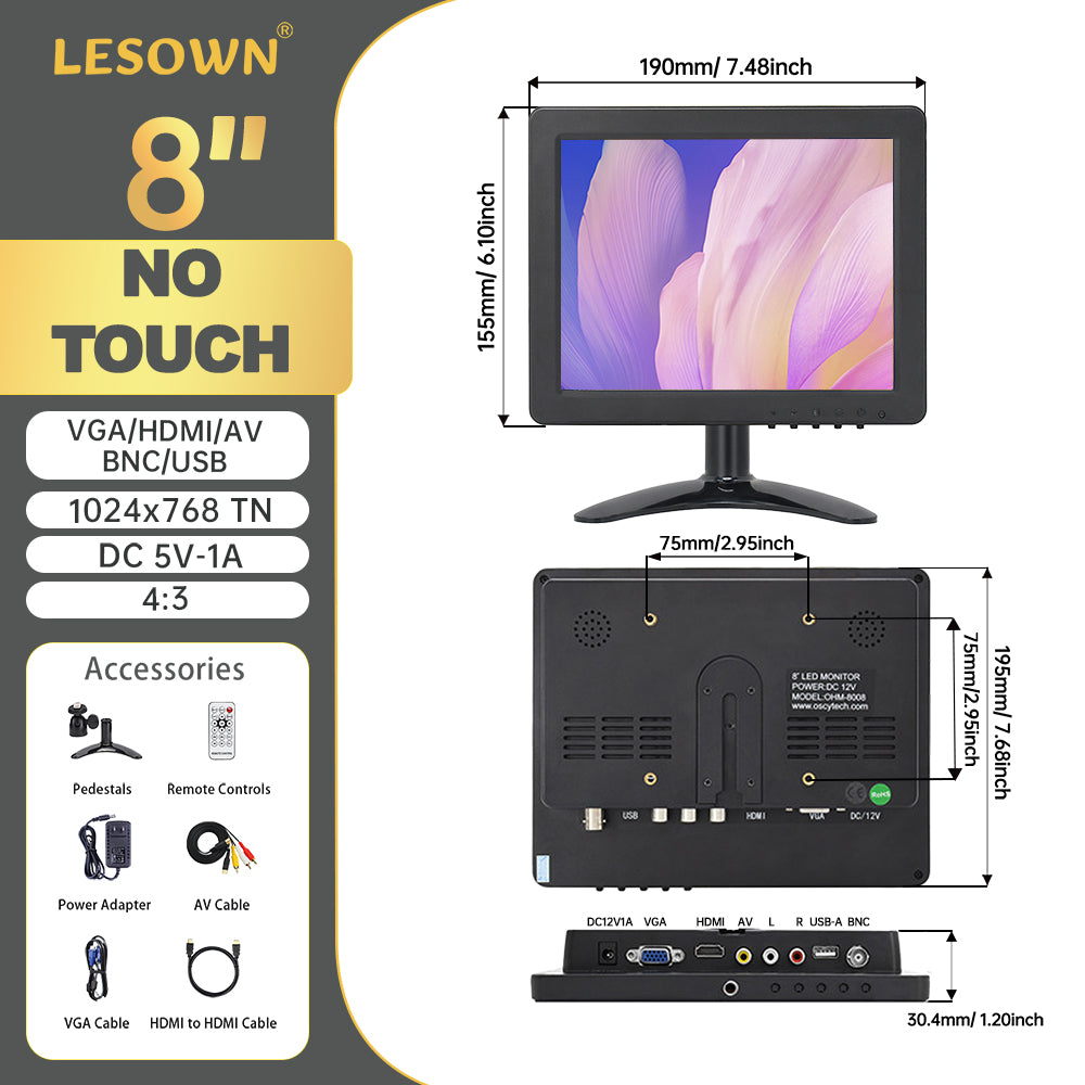 LESOWN N80 8 inch Portable 1024x768 IPS Car Rear View Monitor HDMI AV VGA USB VESA