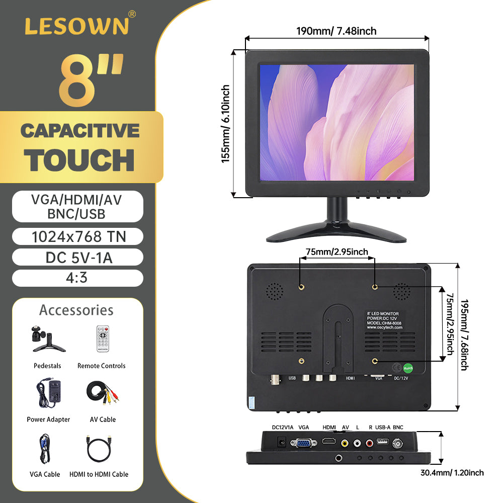 LESOWN N80 8 inch Portable 1024x768 IPS Car Rear View Monitor HDMI AV VGA USB VESA