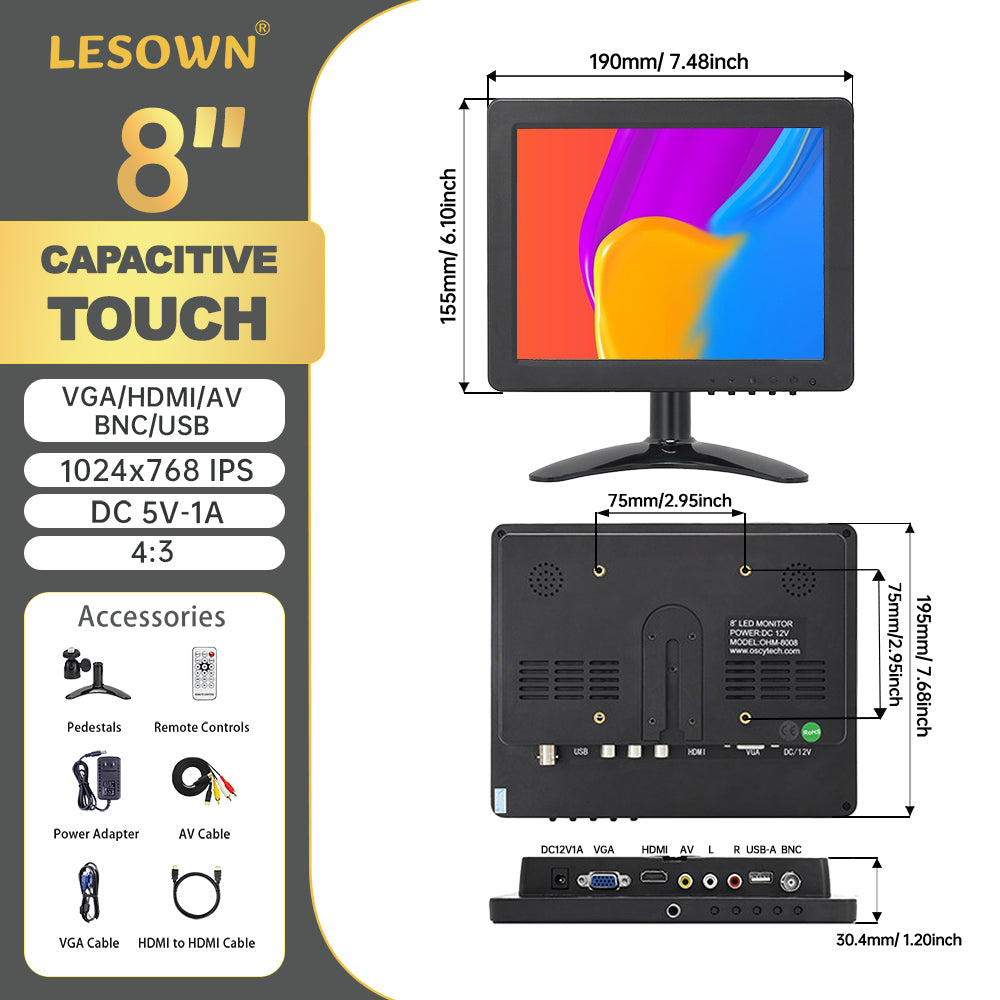 LESOWN N80 8 inch Portable 1024x768 IPS Car Rear View Monitor HDMI AV VGA USB VESA