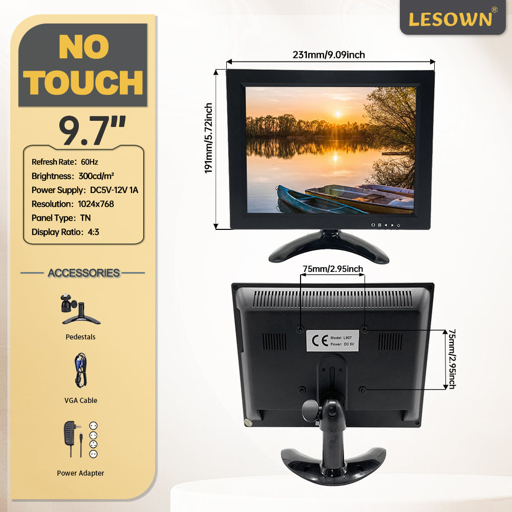 LESOWM N97-D01S 9.7 inch VGA Monitor Full HD 1024x768 LCD Resistive Screen VESA Display with Speakers