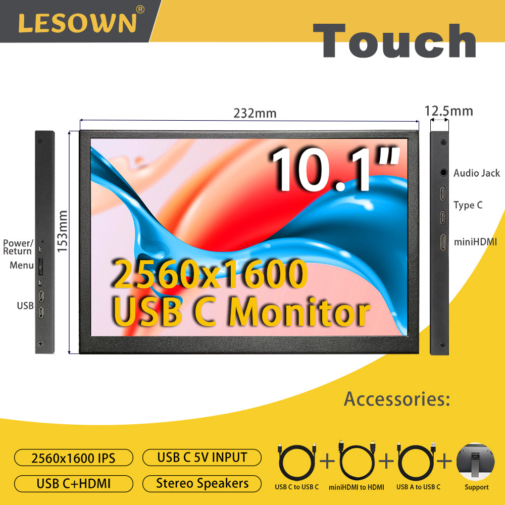 LESOWN P101GHT 10 inch Monitor 2.5K USB Type C & HDMI Touchscreen 10.1 inch Portable Monitor 2560x1600 Small Display