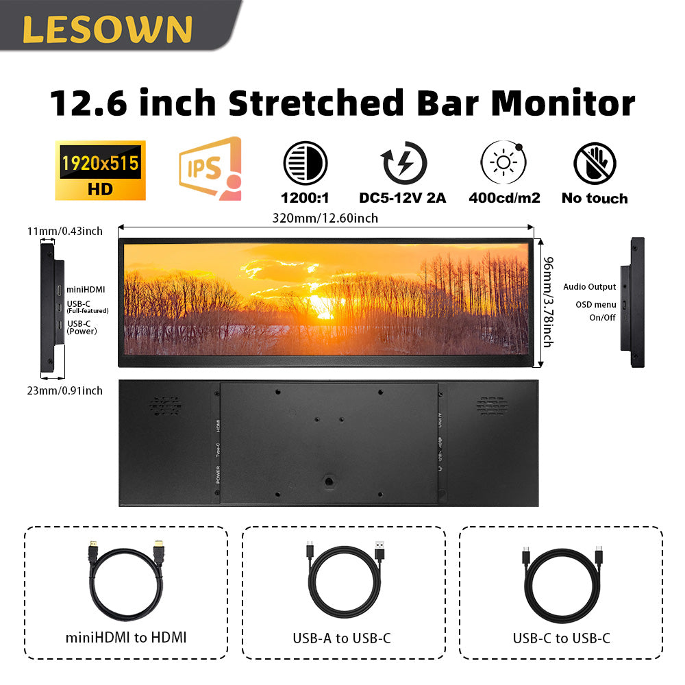 LESOWN P126GPS 12.6 inch Secondary Screen 1920x515 IPS HDMI Bar LCD Monitor