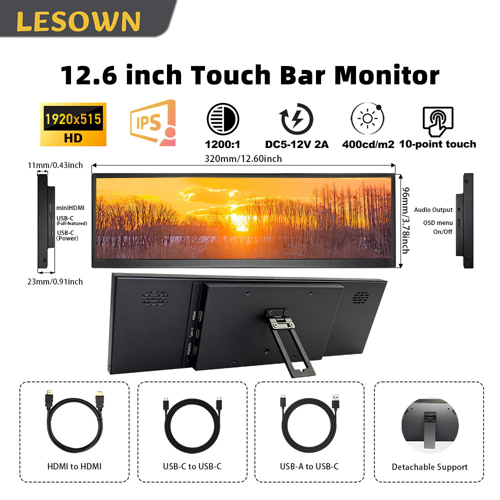 LESOWN P126GPT 12.6 inch USB C Stretched Bar LCD Monitor HDMI Touchscreen Portable Display Extended