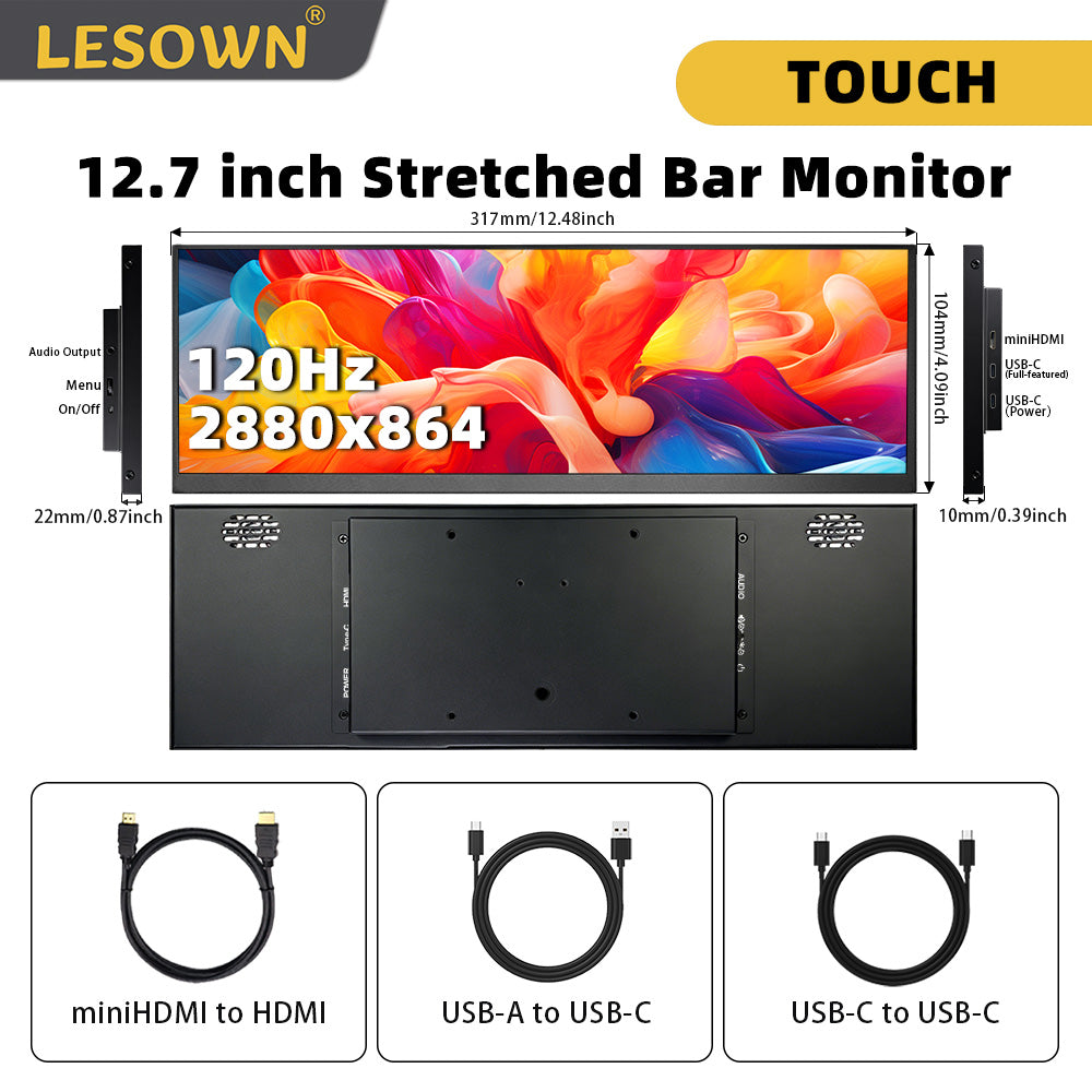 LESOWN P127GHTR 12.7 inch Bar Monitor 2K HDMI Type C IPS Monitor for Stock Market Ticker Display