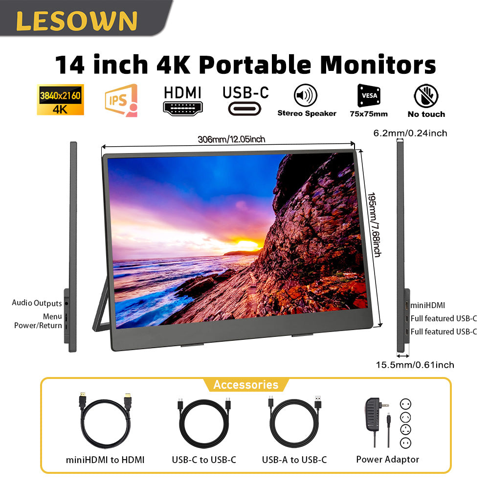 LESOWN P133K 13.3 inch 4K Portable Monitor UHD 3840x2160 IPS LCD Touchscreen VESA Extension Display for XBox PS4/5 Switch PC Laptop
