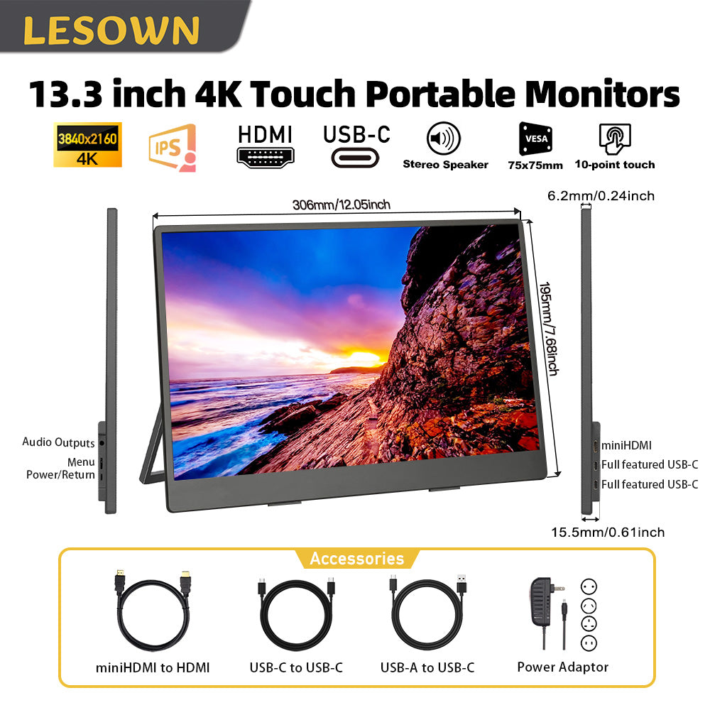 LESOWN P133K 13.3 inch 4K Portable Monitor UHD 3840x2160 IPS LCD Touchscreen VESA Extension Display for XBox PS4/5 Switch PC Laptop