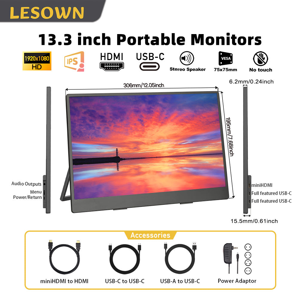LESOWN P133K 13.3 inch 4K Portable Monitor UHD 3840x2160 IPS LCD Touchscreen VESA Extension Display for XBox PS4/5 Switch PC Laptop