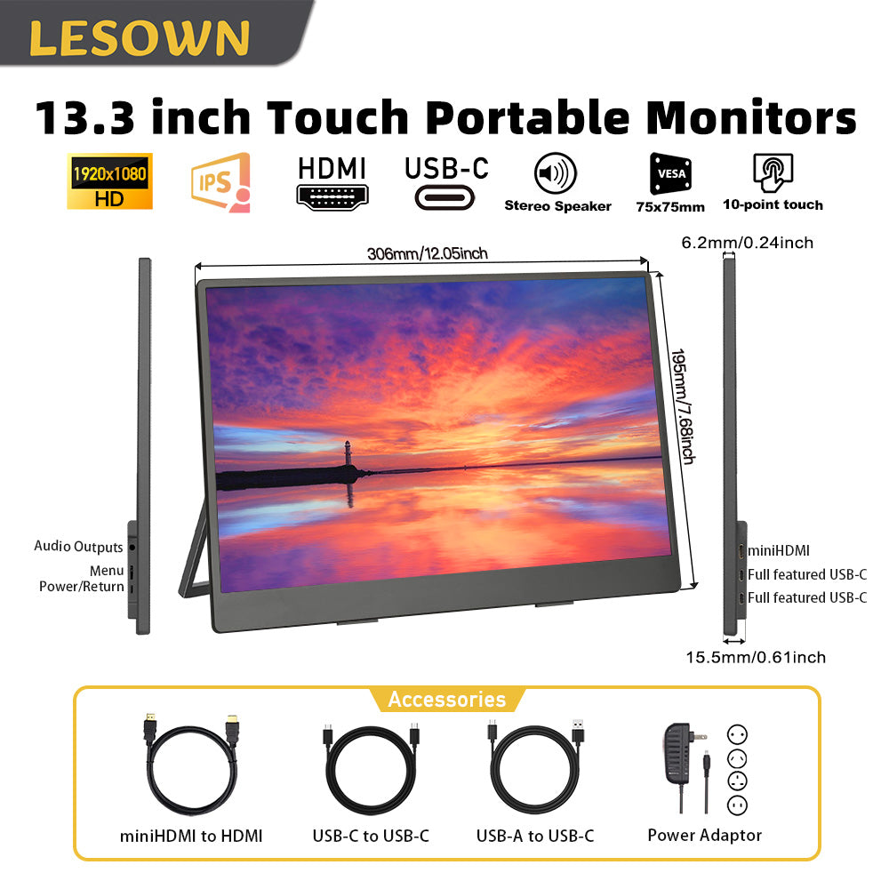 LESOWN P133K 13.3 inch 4K Portable Monitor UHD 3840x2160 IPS LCD Touchscreen VESA Extension Display for XBox PS4/5 Switch PC Laptop