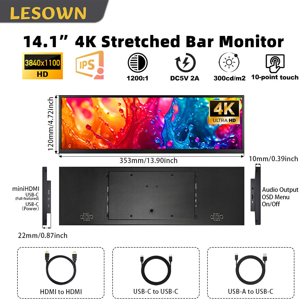 LESOWN P141GMT 14.1 inch 4K Long Bar Monitor Wide Touch USB C HDMI PC External Bar Monitor