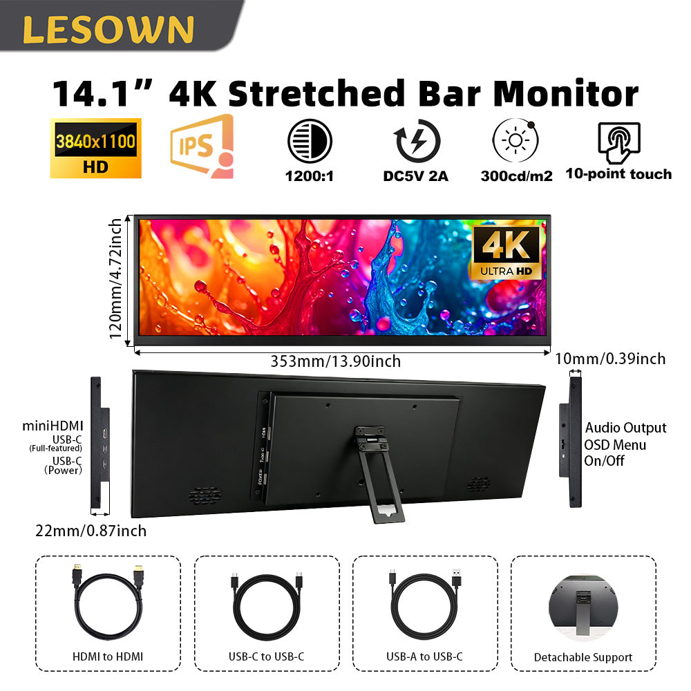 LESOWN P141GMT 14.1 inch 4K Long Bar Monitor Wide Touch USB C HDMI PC External Bar Monitor