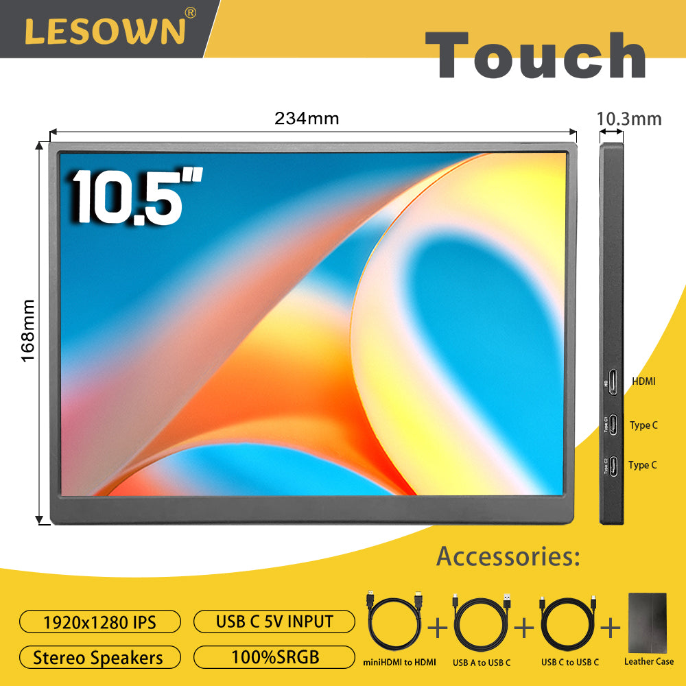 LESOWN P105KPT/P105KPS 10.5 inch 100%sRGB USB C Portable Monitor 1500:1 16:10 IPS Gaming Laptop PC Second Monitor
