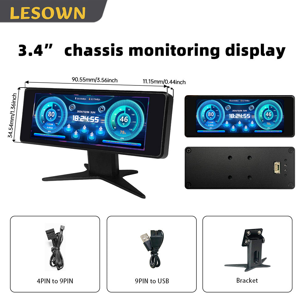 LESOWN P34FB P34FW 3.4 Inch Stretched Strip Display 376x960 LCD External Expansion Display CPU Hardware Temperature Monitor for Laptop PC