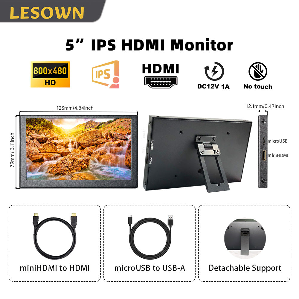 LESOWN P50C Small mini Monitor 5 inch 800x480 HDMI Portable Second Screen for Laptop PC