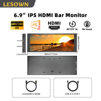 LESOWN P69 6.9 inch Additional Long HDMI Monitor for RPi 1280x480 IPS Bar LCD Display PC Temperature Monitoring Aida64