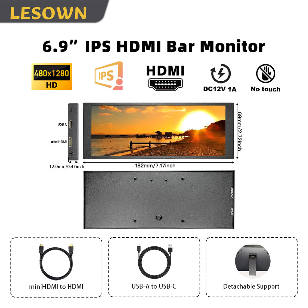 LESOWN P69 6.9 inch Additional Long HDMI Monitor for RPi 1280x480 IPS Bar LCD Display PC Temperature Monitoring Aida64