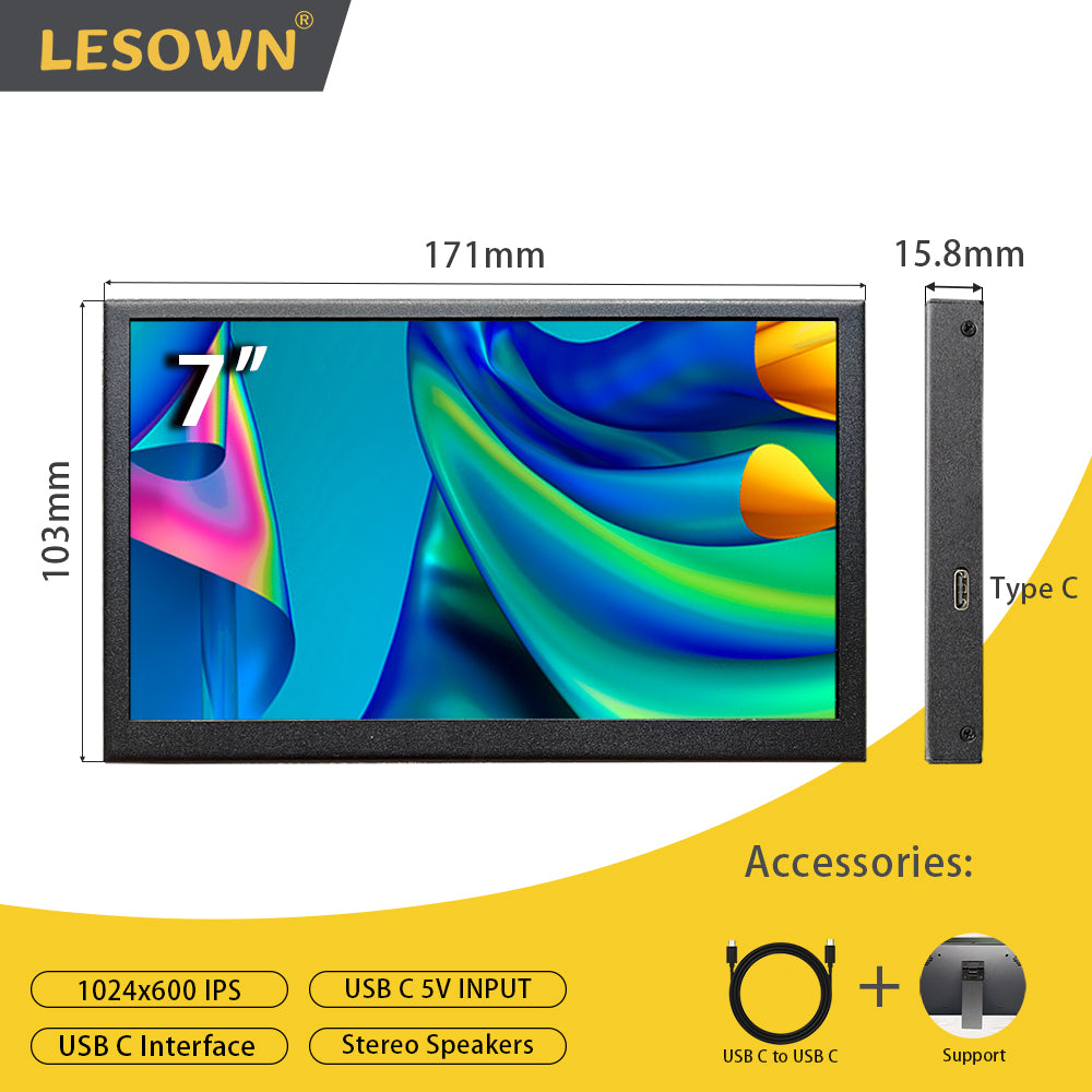 LESOWN P70D-T USB C 7 inch Monitor LCD Touch Display IPS 1024x600 Small Portable Monitor