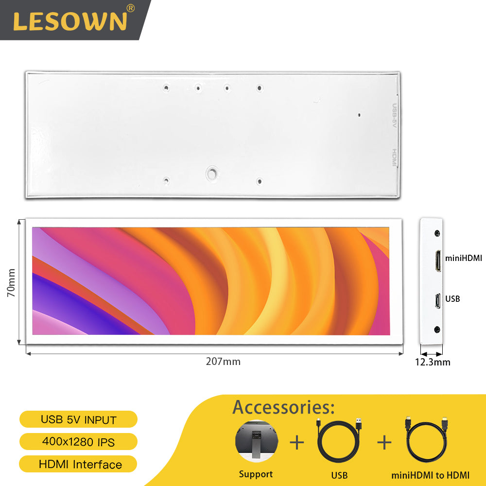 LESOWN P79W-T 7.9 inch Strip Display Small Widescreen 400x1280 IPS CPU GPU Temperature Monitoring Display